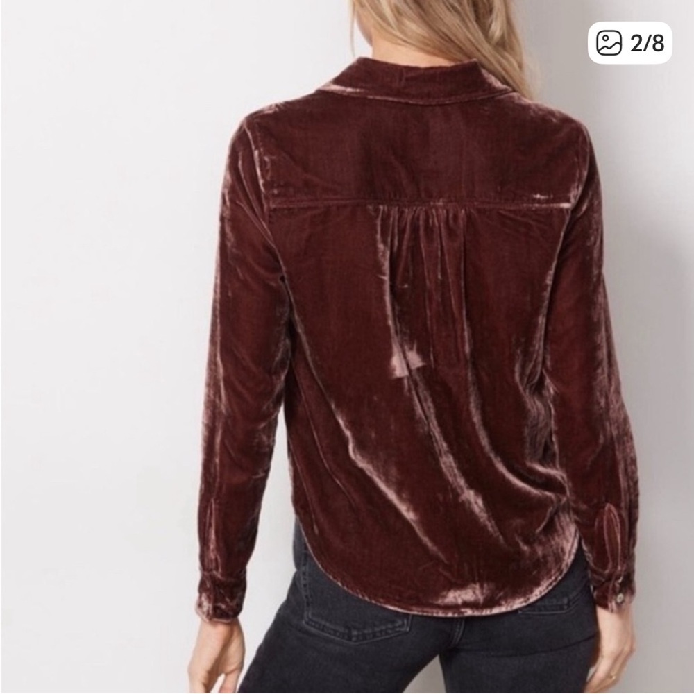 Evereve Eloise Velvet Button-Up Shirt - Brown XS - Picture 2 of 11